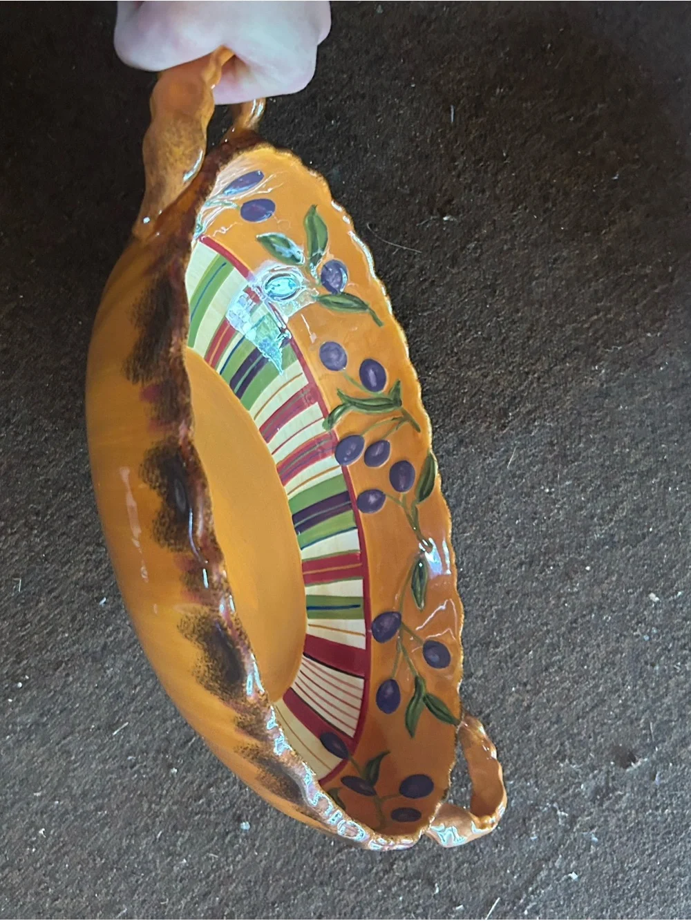 MWW market Orange Serving Bowl with Purple Olive Motif